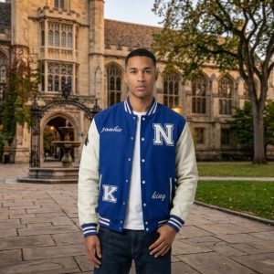 Blue Letterman Jacket With Embroidery Blue Letterman Jacket With Embroidery